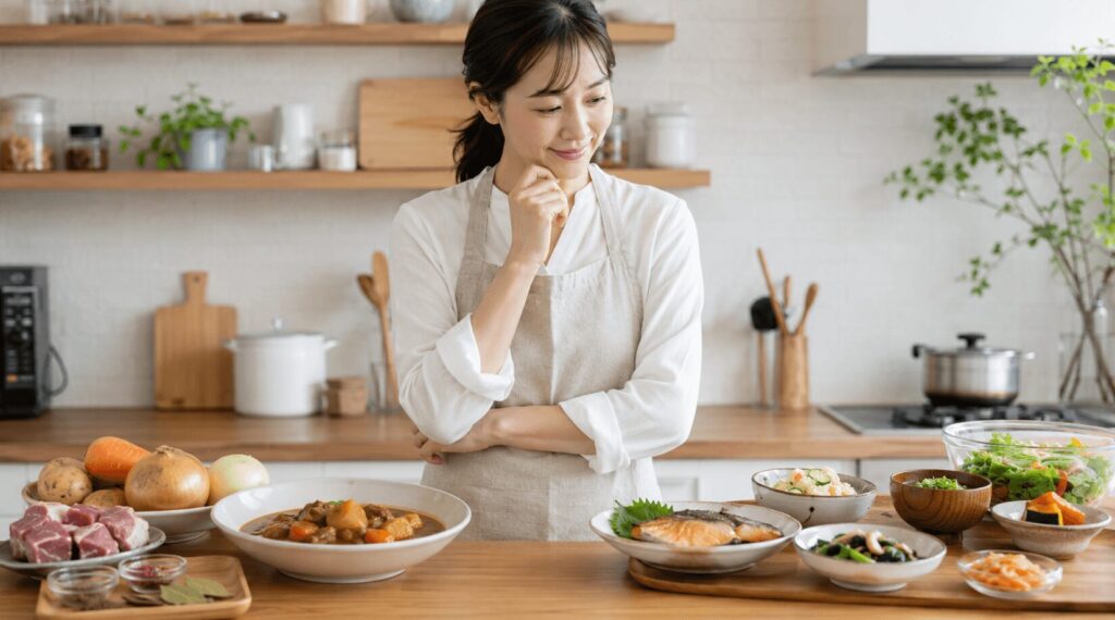 肉料理や魚料理、常備菜を前に献立を考える日本人女性