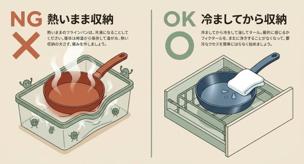 熱いフライパンをそのまま収納せず冷ましてからしまう注意点を説明した図解