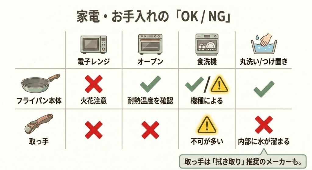 取っ手が取れるフライパンの本体と取っ手で、電子レンジ・オーブン・食洗機などの対応可否が異なることを示した比較図