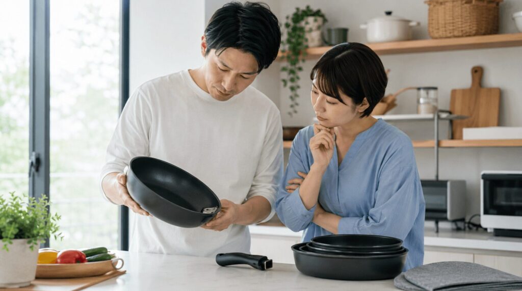 日本の家庭キッチンで夫婦が取っ手が取れるフライパンの固定部分と専用ハンドルを確認している様子