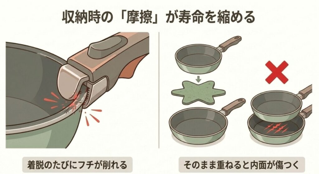 取っ手が取れるフライパンをそのまま重ねると、摩擦で内面コーティングが傷つきやすいことを示した図解
