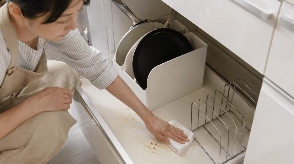 油汚れがついたフライパン収納ラックを拭き掃除している様子