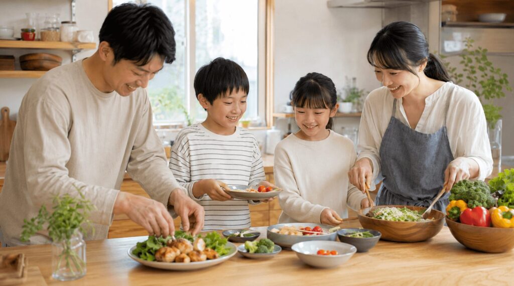 自動調理鍋を置くキッチンスペースを家族4人で確認する様子