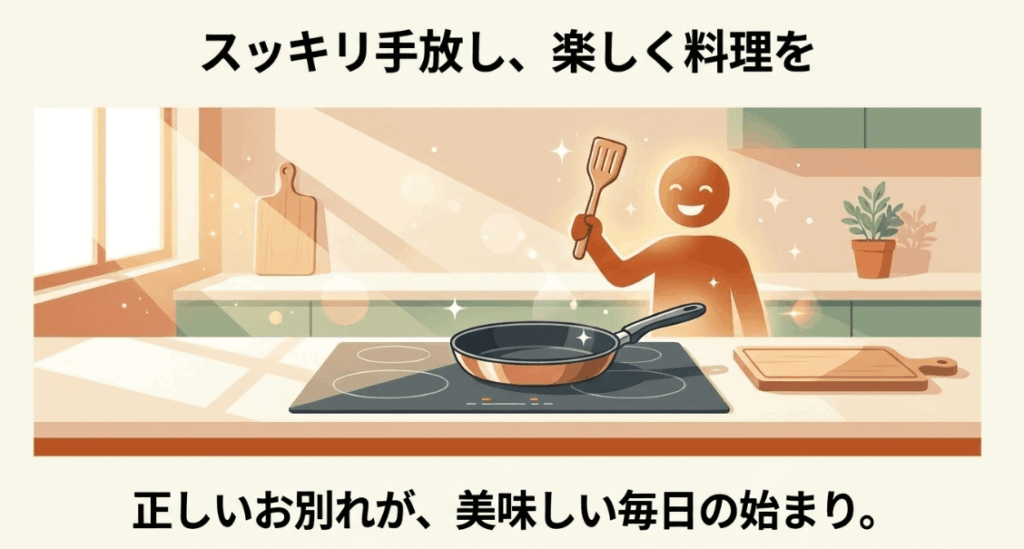 古いフライパンを正しく手放し、整ったキッチンで新しいフライパンを使う前向きなイメージ