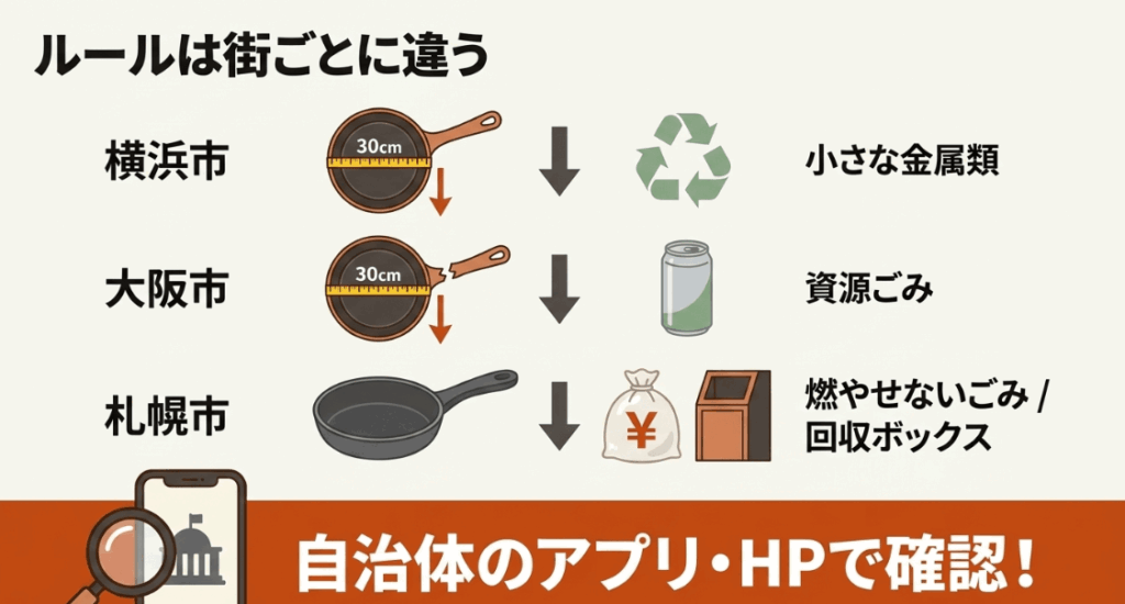 横浜市・大阪市・札幌市など自治体ごとにフライパンの捨て方が異なることを示した比較図