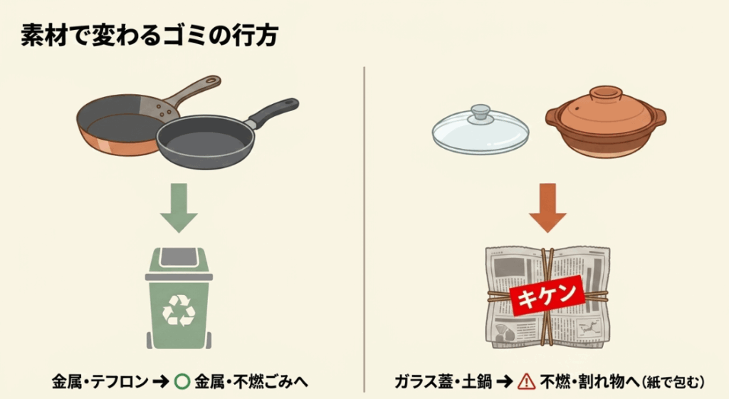 金属製フライパンやガラス蓋、土鍋など素材によって分別方法が変わることを示した図解