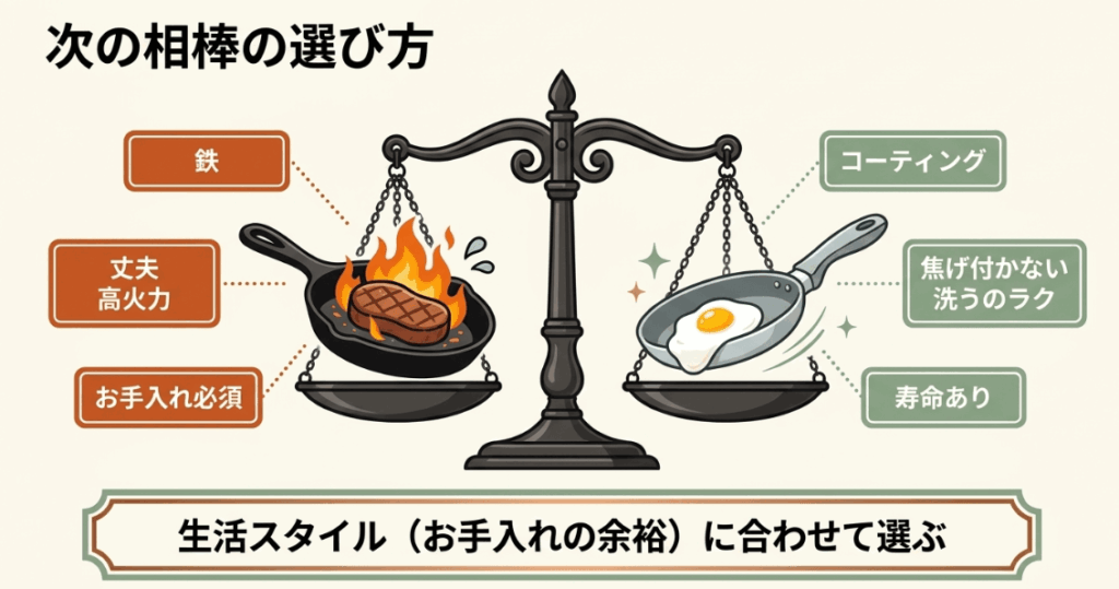 鉄フライパンとコーティングフライパンの特徴を比較し、生活スタイルに合う選び方を示した図解