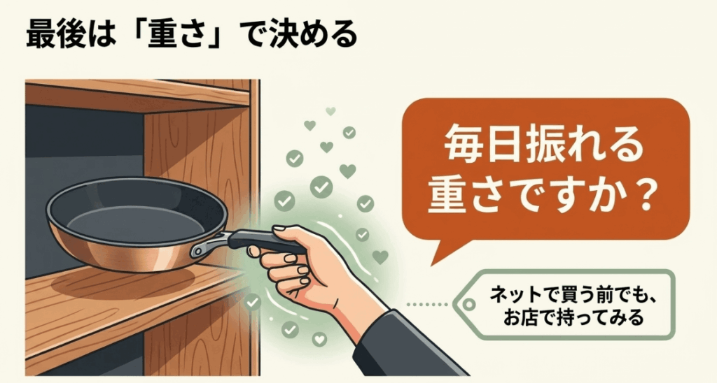 ネット購入前でも店頭でフライパンを持ち、毎日扱える重さか確認することを示した図解