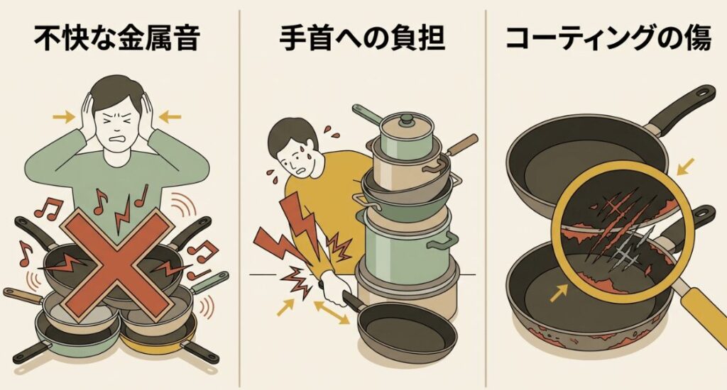 フライパン収納で起こりやすい金属音や手首への負担、コーティング傷の説明図