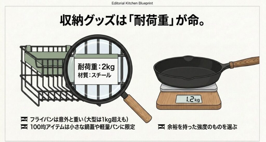 フライパンの重さと収納グッズの耐荷重を確認し、余裕を持った強度のものを選ぶ必要性を示した図