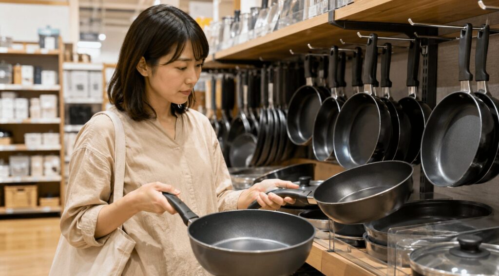 キッチン用品売り場で複数のフライパンを手に取り、重さや握りやすさを比較している様子