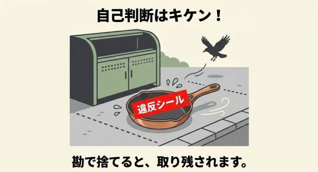 自己判断でフライパンを捨てると違反シールを貼られ、回収されない可能性があることを示した図解