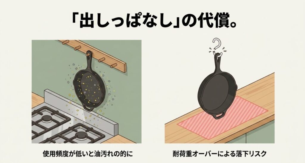 使用頻度が低い吊るしフライパンに油汚れが付きやすいことと、耐荷重を超えると落下リスクがあることを示した図