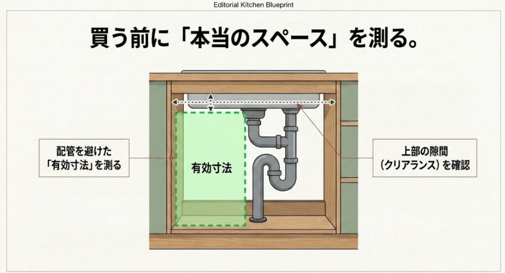 シンク下収納で配管を避けた有効寸法と上部の隙間を確認するポイントを示した図