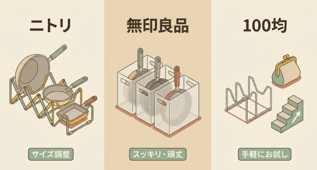 ニトリ、無印良品、100均のフライパン収納グッズの特徴を比較した図解