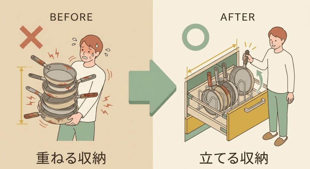 重ねるフライパン収納と立てるフライパン収納の違いを比較した図解