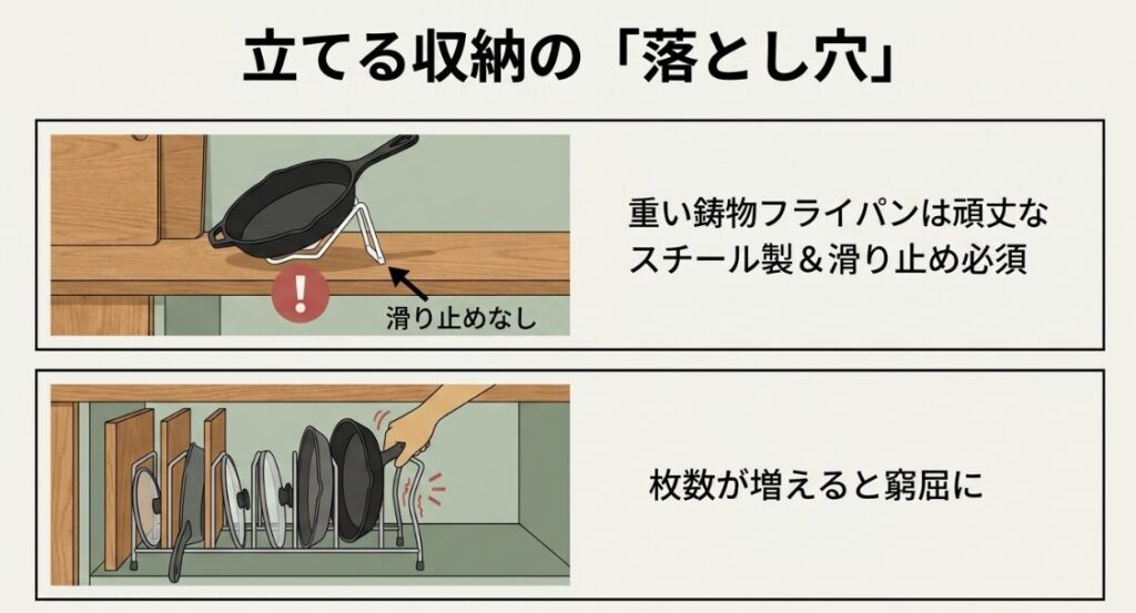 重い鋳物フライパンには頑丈なスタンドや滑り止めが必要で、枚数が増えると収納が窮屈になることを示した図
