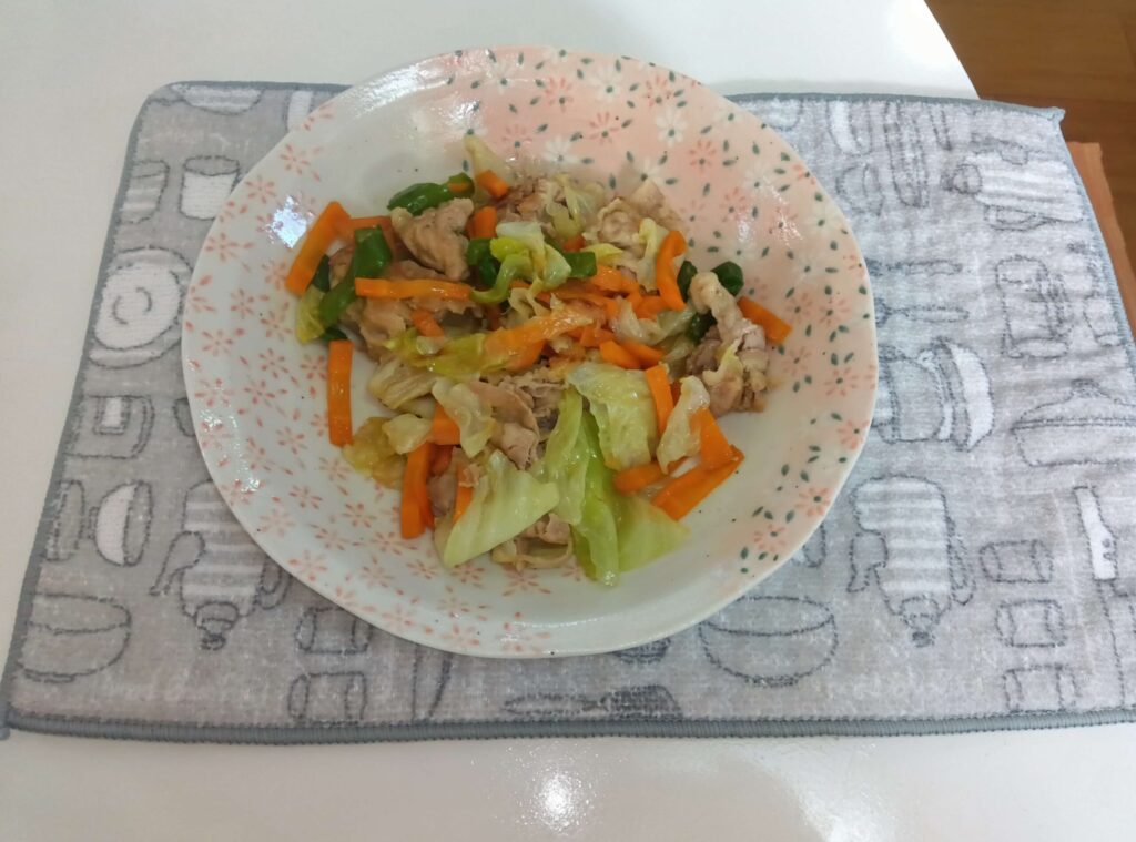 オートクッカービストロNF-AC1000で作った野菜炒めを皿に盛り付けた状態